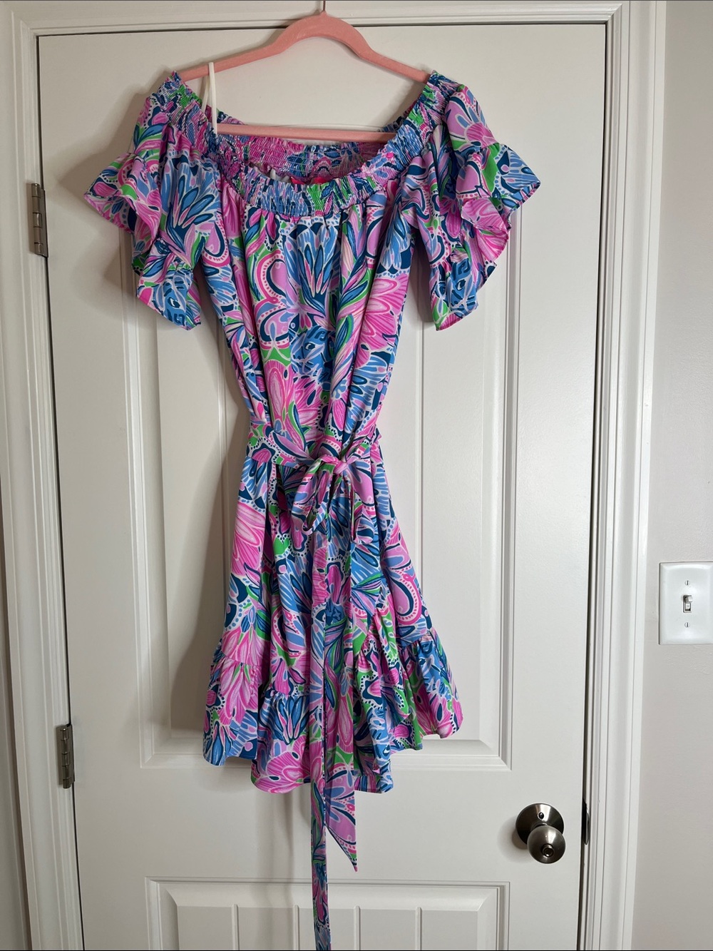 Lilly Pulitzer-Off-Shoulder Floral, Stretch Dress-Pink & Blue-XL